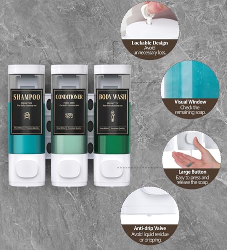 Image of Luxspire Shampoo and Conditioner Dispenser, Shower Soap Dispenser 3-Chamber | Lockable Large Capacity 900ml No-Drill Wall-Mounted Shampoo and Body Wash Dispenser for Bathroom Hotel Kitchen Airbnb
