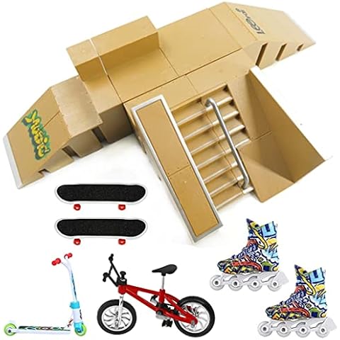 QINIFIFY Finger Skateboard Ramp Set with 5 Pieces Skatepark Kit Ramp Parts, 2 Mini Skateboards, 1 Finger Bike, 1 Finger Scooter and 1 Pair of Finger Inline Skates Toy for Children Cover