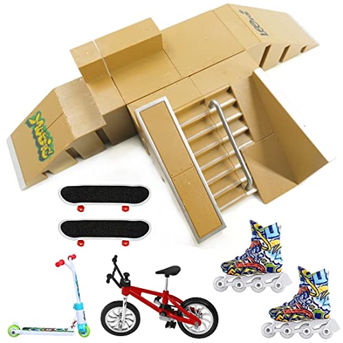 QINIFIFY Fingertoy Skateboards Kit Jouets Finger avec 5 Mini Ramp Skate Park Kit, 2 Finger Skateboards, 1 Mini Vélo, 1 Paire de Finger Roller et 1 Finger Scooter
