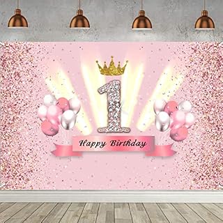 Tecreo 1st Birthday Decoration Party Decor For Girl Fabric Sign Poster 1st Anniversary Background Banner 1stBirthday Party Supplies Glitter Crown, 150cm, Copper,Gold,Pink