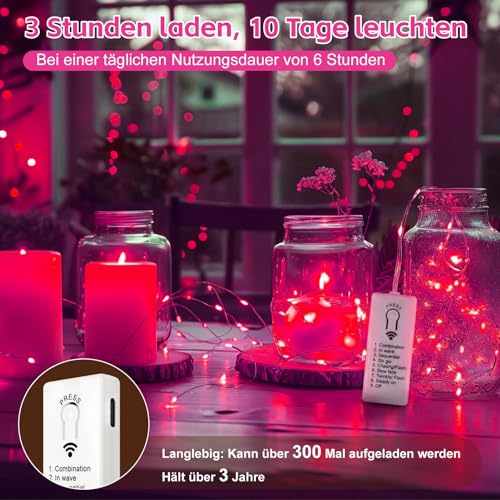 Image of 6 Pack Rechargeable Fairy Lights with Remote & DIY Timer, 7ft 20LED Dimmable Silver Wire String Light for Mason Jar, Mini Twinkle Lights for Indoor Christmas Bedroom Wedding Decor, Pink
