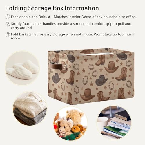 Image of Aslsiy Toy Storage Basket Western Cowboy Cowgirl Nursery Bins Lucky Horse Shoe Baby Toys Box Canvas Clothes Shelf Basket Laundry Hamper 2 Pcs