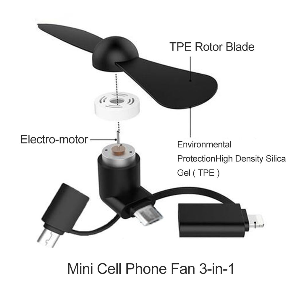 Comioke Wentylator mini do telefonu, wentylator USB, 3 w 1, kompatybilny z iPhone/iPad/smartfonami z systemem Android/tabletem, micro USB/Typem C/Lightn (czarny, 2 szt.)