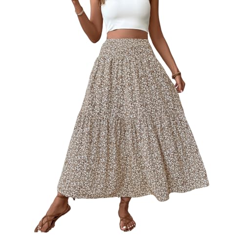 Long Flowy Skirts for Women Boho Chiffon Elastic High Waist Pleated A-Line Flared Maxi Skirt Summer Beach Skirts