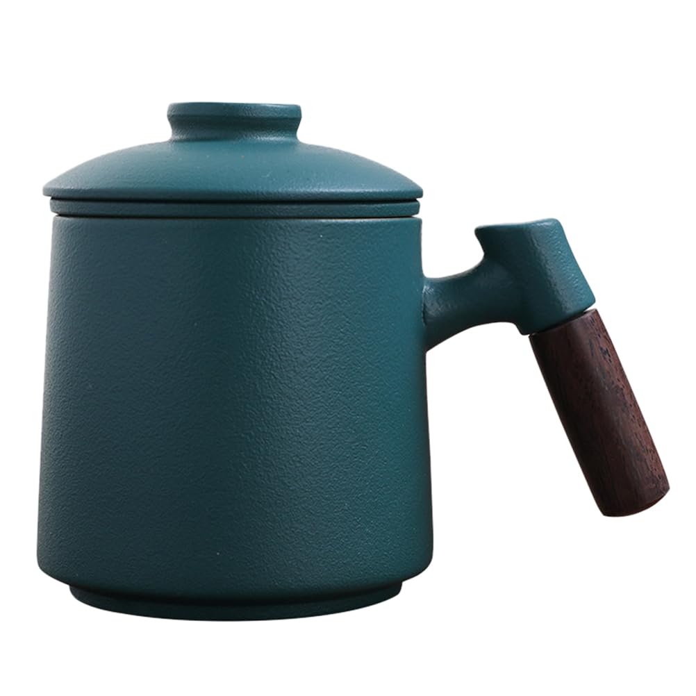 400ml Keramiktasse Grün mit Deckel und Holzgriff für Tee