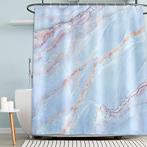 Marble Art Painting Shower Curtain Crack Texture Design Bath Curtain Modern Bathroom Decor Set with Hooks, Aqua Blue and Gold 72" W x 72" L Cover