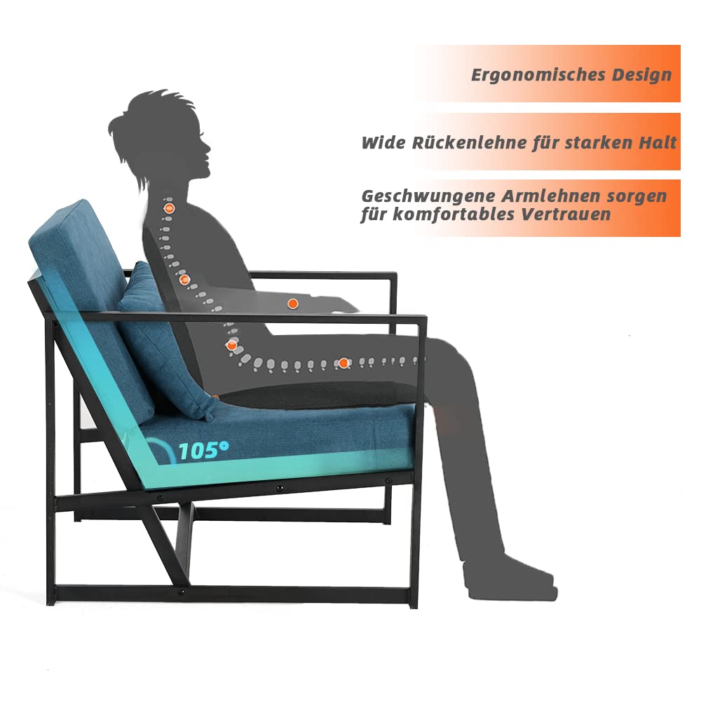 Mingone Sessel Gepolsterter Cocktailsessel Relax Polstersessel Stuhl Lehnstuhl Blau aus Leinen Loungesessel mit Handläufen Eisengestell für Wohnzimmer, 1