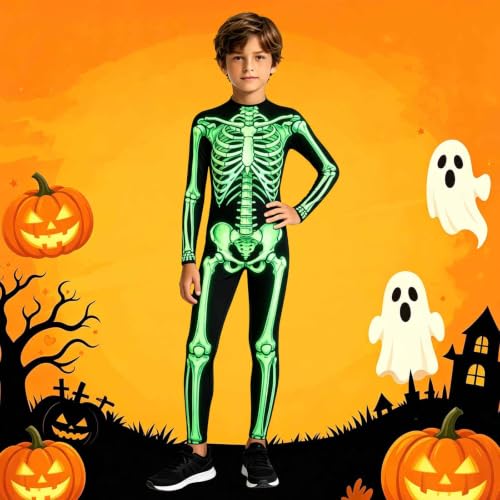 Boys Skeleton Halloween Costume Bone Outfit Bone Jumpsuit With Front Zip - image 3