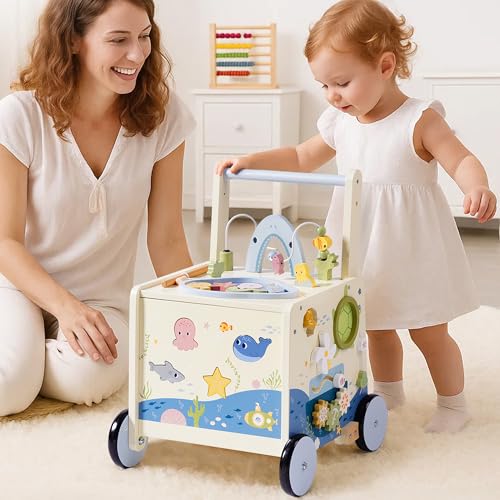 Wooden Baby Walker Push Toy for Toddlers 10M+ | Adjustable Height & Speed Control | Montessori Activity Center with Fishing Game, Music, Storage | Ocean World Theme Learning Walking Toy by ROBOTIME - Image 7
