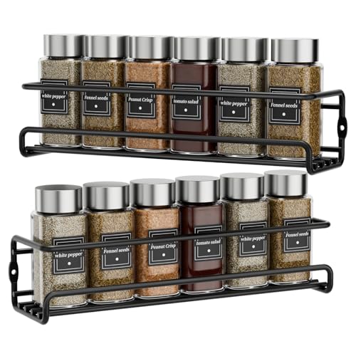 Petgulu Estante de especias montado en la pared, juego de 2 organizadores, sin taladrar, soporte de metal autoadhesivo y tornillos para tarros Petgulu Estante de especias montado en la pared, juego de 2 organizadores, sin taladrar, soporte de metal autoadhesivo y tornillos para tarros