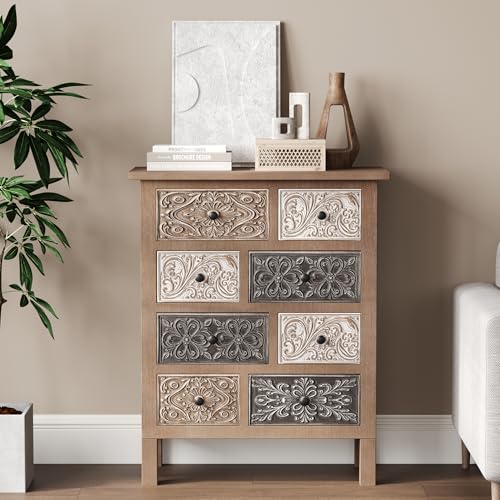 COSIEST Vintage Accent Cabinet with 8 Hand-Carved Drawers, Boho Rustic Wood Storage Chest, Fully Assembled Distressed Apothecary Console for Entryway, Living Room & Bedroom