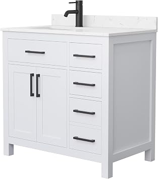 Beckett 36 Inch Single Bathroom Vanity in White, Carrara Cultured Marble Countertop, Undermount Square Sink, Matte Black Trim