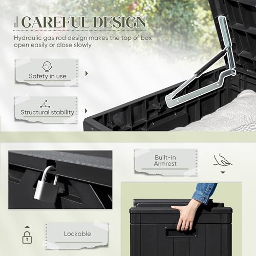 Image of Greesum 100 Gallon Resin Deck Box, Outdoor Storage with Cushion, Black