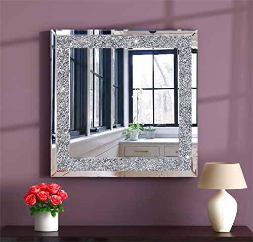 Shyfoy Crystal Mirrors For Wall Decor Decorative Wall Mirror Silver Sparkly Crush Diamond Hanging Wall-Mounted Mirror For Living Room Stunning Home Décor Modern Glass Art 24"X24" #TOP5