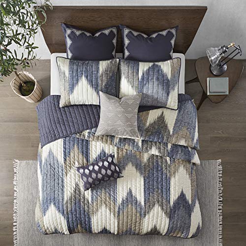 INK+IVY Alpine 3 Piece 100% Cotton Prercale Coverlet Design, Double Sided Cozy Reversible Quilt Hypoallergenic All Season Bedding-Set, Matching Shams, Full/Queen(88"x92"), Chevron Navy