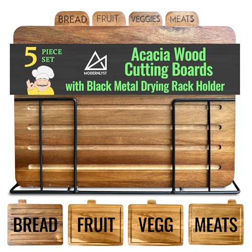 MODERNLYST Acacia Cutting Boards for Kitchen with Holder 13" x 11" x 2.5" | Labeled Wood Cutting Board Sets | Large Wooden Cutting Board Set of 4 with Black Organized Stand | Non Toxic Chopping Board