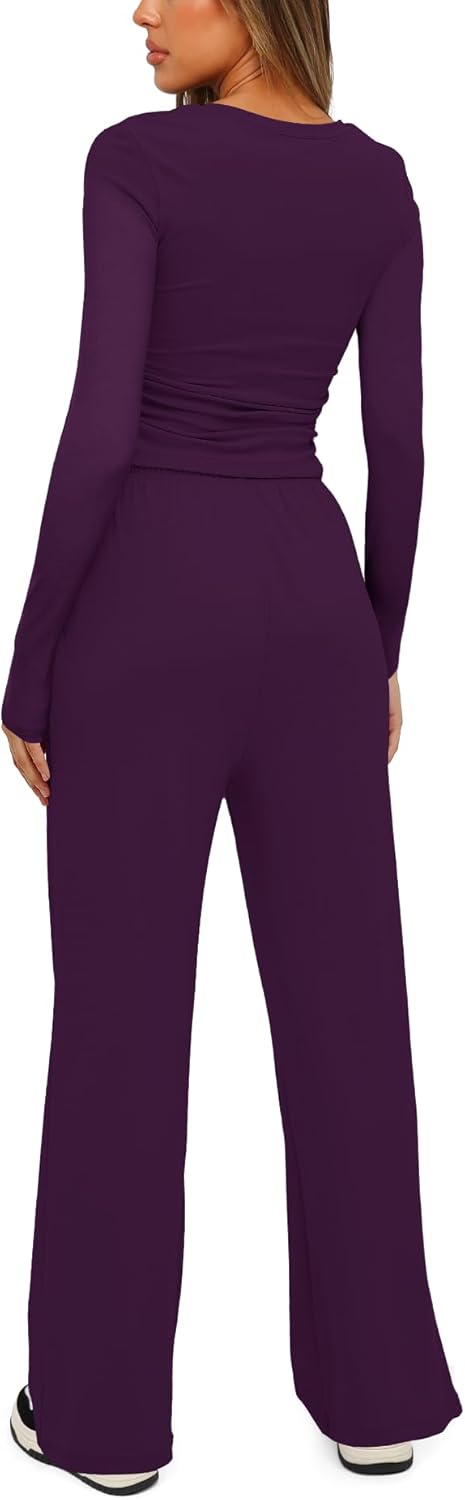 Darong Women's 2 Piece Lounge Sets 2026 Long Sleeve Tops and Wide Leg Pants Set Matching Travel Airport Outfit - Image 2