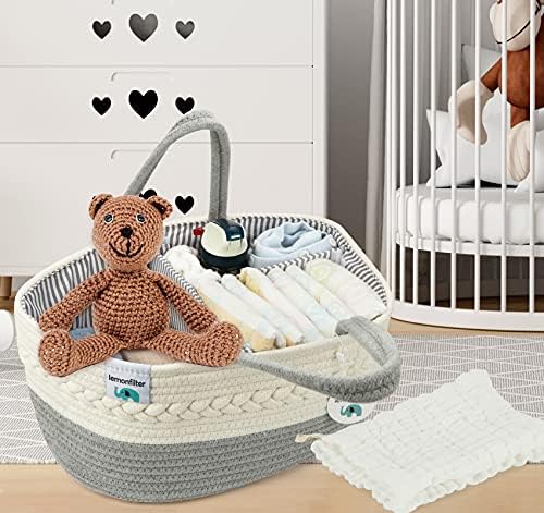 ilauke Baby Diaper Caddy Organizer, Nursery Storage Bin Basket, Changing Table Organizer with Muslin Burp Cloth (Grey)