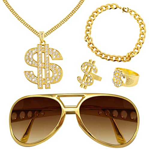 OPEIXSAYKOC 5 pcs Kit de Costume Hip Hop,Chaînes de dollar,Hip Hop Homme Femme Chaîne Plaqué Or,Lunettes de Soleil Bague Chaîne de Dollar d'or, Accessoires de Rappeur des Années 80/90 Convient (Or)