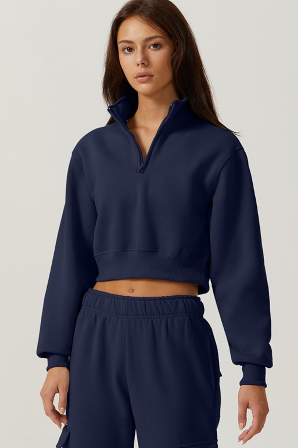 QINSEN Womens Half Zip Crop Sweatshirt High Neck Long Sleeve Pullover Cropped Top - Image 3