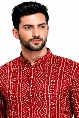 Image of Men's Bandhani Print Kurta with Mandarin Collar