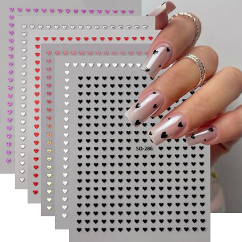 6PCS Mini Heart Nail Art Stickers 3D Self-Adhesive Sparkling Love Nail Art Decals Shinny Red Hearts Designs Nail Sticker for Valentines Lovers Romantic Stickers DIY Manicure Decoration Accessories