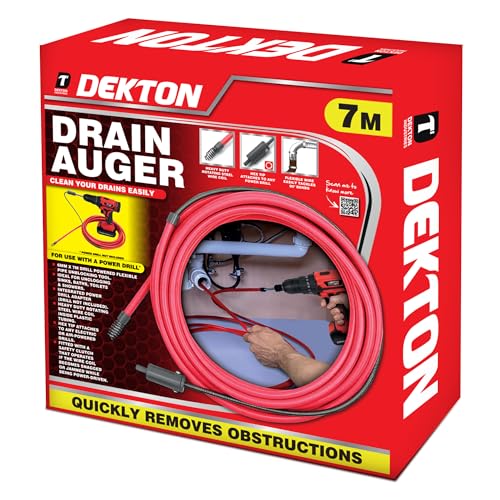 Image of Dekton 7m Drain Auger 6mm Drill Powered Pipe Unblocking Tool with Safety Clutch – Flexible Steel Coil Drain Cleaner for Sinks, Baths, Toilets & Showers – Power Drill Adapter (Drill Not Included)