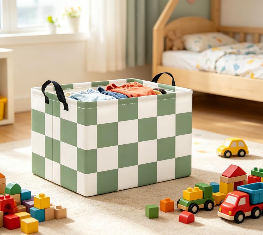 Image of Rectangular Baby Kids Storage Basket for Home Kitchen Girls Cute Toy Storage Bin Organizer Shelf Book Room Decor(Green Checkered)