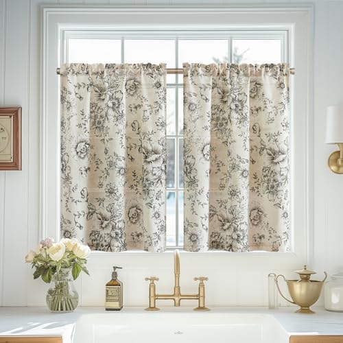 Vangao-Linen-Kitchen-Curtains-Floral-Tier-Drapes-24-Inch-Farmhouse-Botanic-Cafe-Curtains-Small-Window-Drapes-Rustic-Half-Window-Treatments-for-Living-Room-Bathroom-Laundry-2-Panels-Black-on-Beige Vangao Linen Kitchen Curtains Floral Tier Drapes 24 Inch Farmhouse Botanic Cafe Curtains Small Window Drapes Rustic Half Window Treatments for Living Room Bathroom Laundry 2 Panels Black on Beige