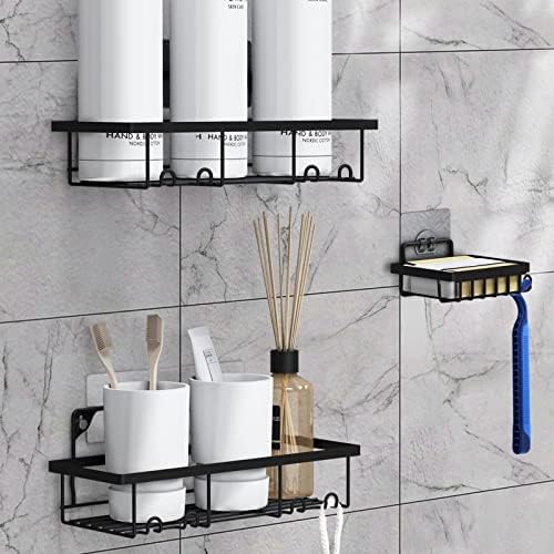 HSYFUNA Shower Caddy with Self Adhesive Hooks, 2 Pcs Black Shower Shelf + 1 Soap Holder,S304 Stainless Steel Shower Tidy No Drilling (Give a gift Shower Puff Mesh)