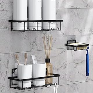 HSYFUNA Shower Caddy with Self Adhesive Hooks, 2 Pcs Black Shower Shelf + 1 Soap Holder,S304 Stainless Steel Shower Tidy No Drilling (Give a gift Shower Puff Mesh)