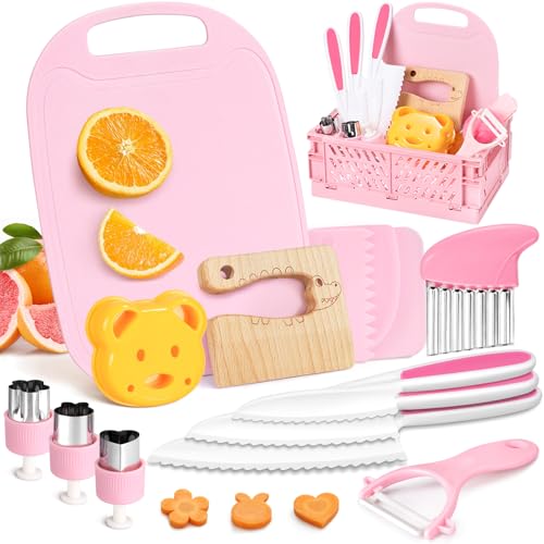 Image of Suhctuptx Toddler Knife Set, Kids Knife Set for Real Cooking, Kid Safe Knives with Cutting Board Crinkle Cutters Montessori Kitchen Toys, Toddler Girl Gifts Age 3 4 5 6 7 8 Year Old