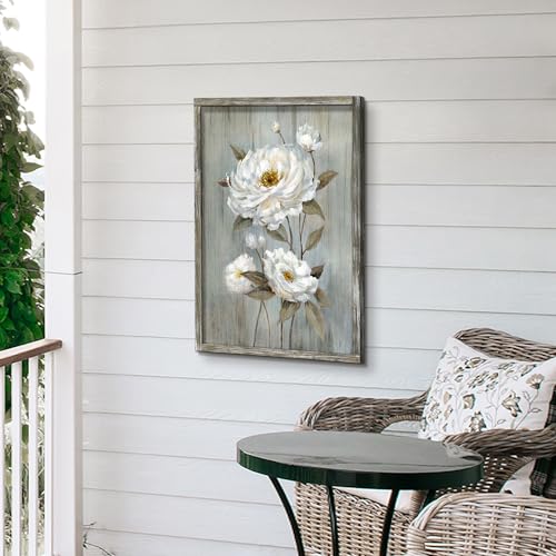Modern Floral Framed Wall Art: Rustic White Flower Oil Painting Abstract Botanical Picture Vintage Blossom Wood Prints Artwork for Living Room Bedroom Farmhouse - Image 6