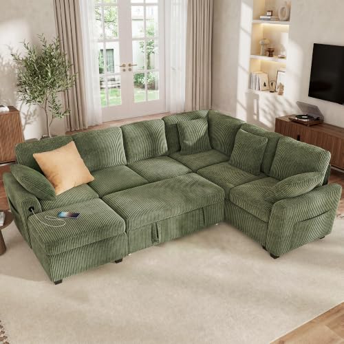 Image of Hanherry Sectional Sofa with Pull Out Couch Bed,6 Seats Corduroy Sleeper Sofa with Storage Ottoman & USB Charging,Comfy L Shaped Modular Couches for Living Room,Apartment