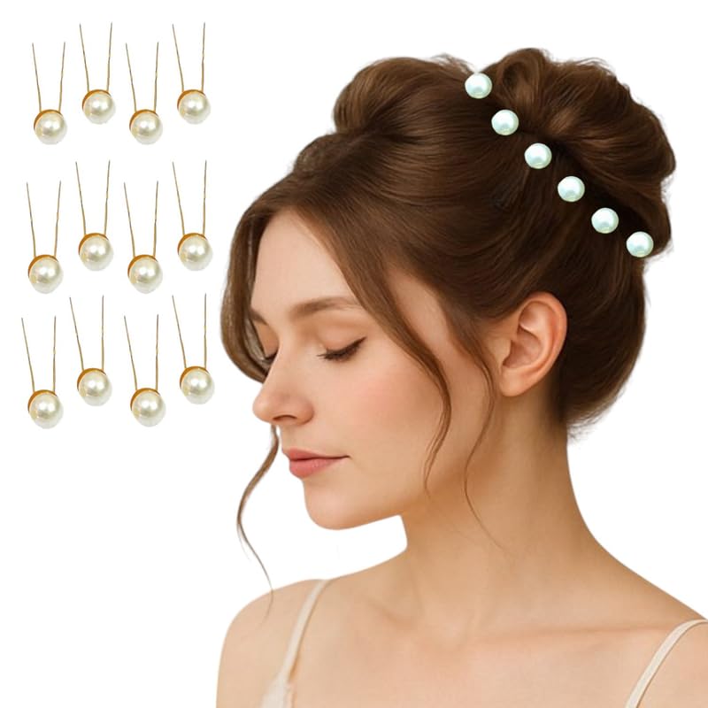 Hair Flare Pearl Hair Pins for Women – Elegant U-Shaped Bridal Hair Accessories for Wedding Buns & Updos – Gold Wire Hair Clips with Faux Pearls (Set of 12)
