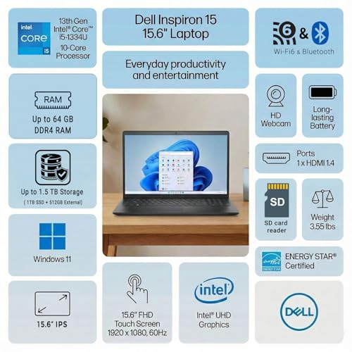 Image of Dell Inspiron 15 Laptop, 15.6 inch FHD Touchscreen, Intel 10-Core i5-1334U, 16GB RAM, 1.5TB Storage (1TB SSD + 512GB External), Wi-Fi 6, Copilot AI, Win 11 Home, Long Battery Life, WOWPC 3-in-1 Bundle