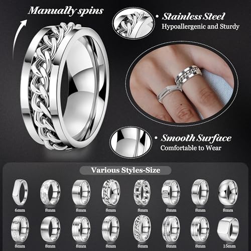 16PCS Silver Stainless Steel Rings Set for Men 8MM Spinning Cuban Link Chain Band Rings Square Signet Hammered Roman Numeral Silver Rings Engagement Wedding Promise Rings Set Size7-13 - Image 5