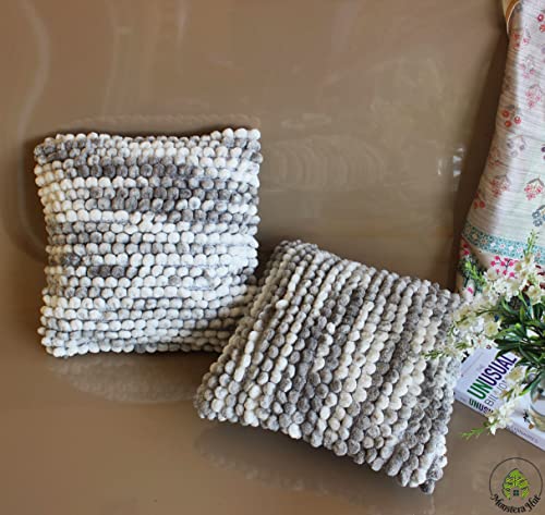 Image of Monstera Hut Boho POM POM Ash Gray Cushion Cover Pack of 2, (Cushion Cover 16x16inch) (40.6 x 40.6 cm)
