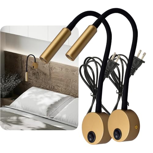 Image of 2-Pack Modern Gold Bed Reading Light Wall Mount Lamp, 25 Focused Beam 3000K Warm White for Bedroom Decor, Luxury Reading Lamps for Bed Headboard, 4.92ft Plug-in, AC 85-265V