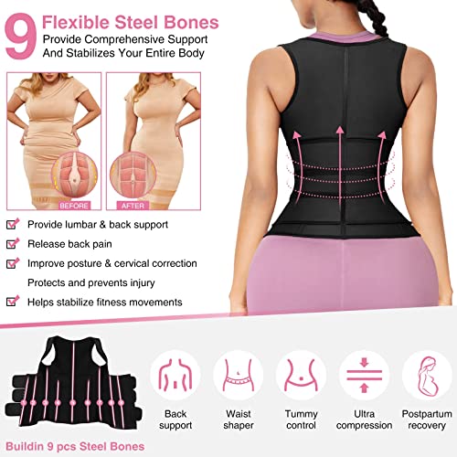 Lover-Beauty Waist Trainer For Women Lower Belly Fat 3 Straps Waist Cincher Slim Waist Trimmer 9 Steel Bones Black Xxl #TOP1