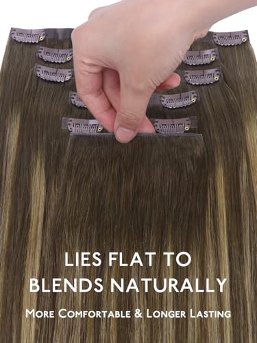 Image of WENNALIFE Genius Seamless Clip in Hair Extensions Real Human 18 inch 120g 7 Pcs Balayage Chocolate Brown to Caramel Blonde Clip Ins Luxury Remy Hair Extensions De Cabello Humano
