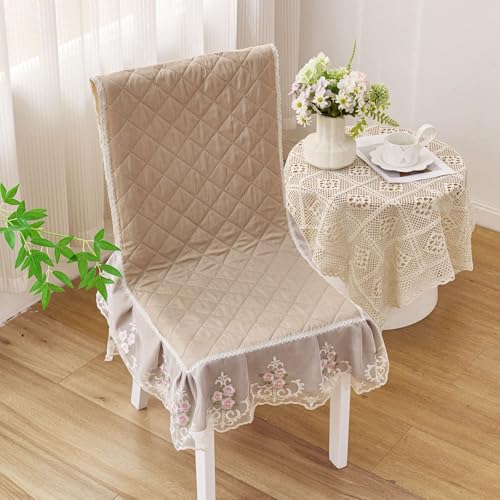 Image of HOMETHREADS Vintage Dining Chair Protector Cover, Quilted Cotton with Lace Frills, Easy Slip-On Design, Protects Seat & Backrest While Keeping Chair Visible, Washable & Reusable, Khaki (Pack of 1)