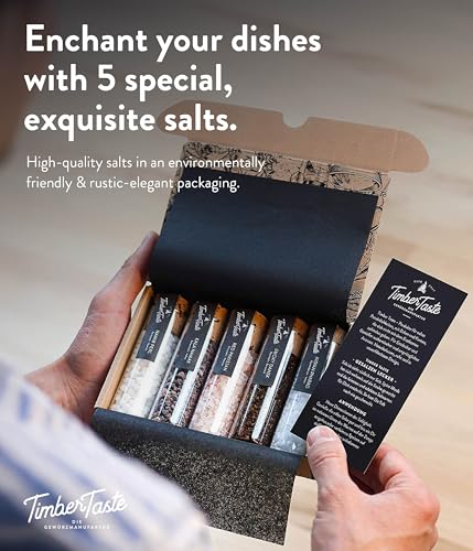 Image of TIMBER TASTE Premium Salt Sampler Set - 5 Gourmet Finishing Salts Smoky Gold Kala Namak Indian Pharao Pyramidensalz Namib Pearl | Sea Salt Mens Gifts Foodie Cooking Kit - Birthday Gift for Him