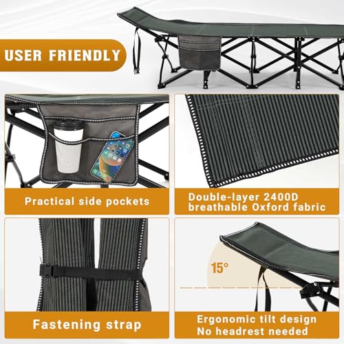 OVERMONT Klappbar Feldbett Faltbar Campingbett - Camping Bett 190 x 71 x 36 cm - bis 250kg Belastbar - 2400D Oxfordgewebe mit Seitentasche Tragetasche für Camping Garten Büro Schwarz Grau