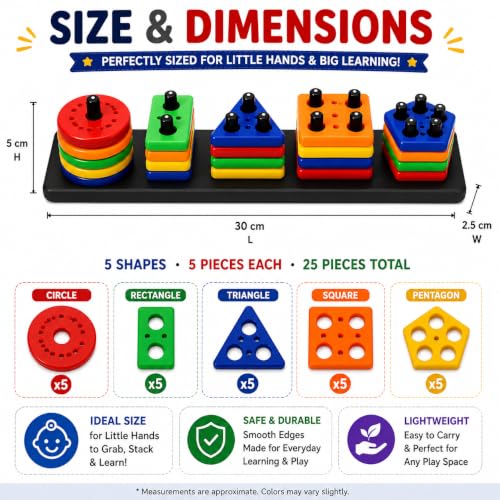 Image of PLUSPOINT Shape Stacking Board Toy, 26-Piece Montessori Shape Sorting Puzzle, Educational Learning Toy for Kids, Color & Shape Recognition, Counting, Fine Motor Skills, Hand-Eye Coordination