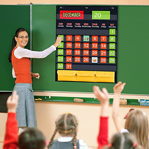 Black Monthly Calendar Pocket Chart With 112 Cards , (97 Illustrated Activity Cards, 15 Dry Erasable Flash Cards And 3 Hooks ), For Kids Learning For Home Or School #TOP6