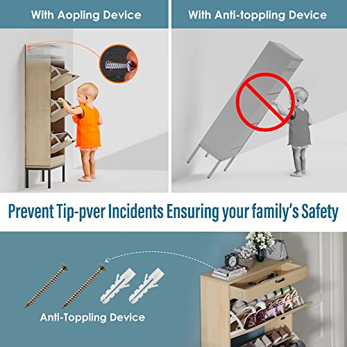 Brafab Freestanding Shoe Cabinet With 3 Flip Drawers, 2 Layer Shoe Shelf, Natural Rattan Shoe Storage Organizer, Slim Shoe Storage For Entryway, Hallway, Living Room (1 Piece, Oak) #TOP5