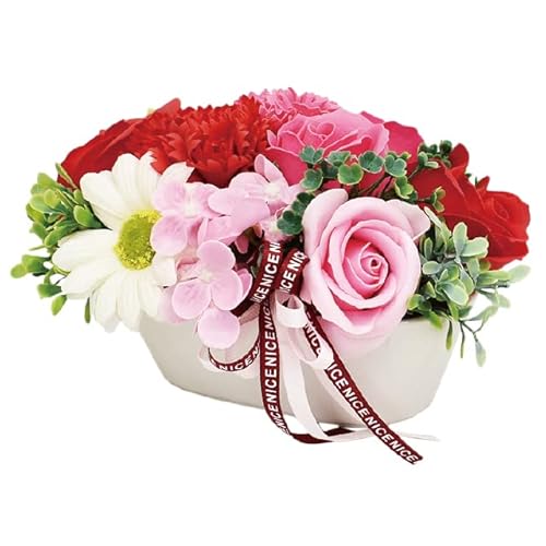 ポピー名古屋 ソープフラワー シャボンフラワー 造花 ギフト プレゼント フラワーポット バラ 陶器 約16cm クリアケース付き S-122 レッド
