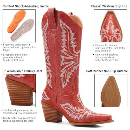 Image of Cowboy Boots for Women - Embroidered Western Cowgirl Boots with Fashion Snip Toe, 1.75-Inch Low Block Heel and All-Day Comfort Fit