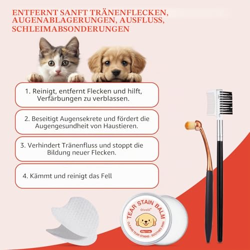 Tränenfleckentferner Kit für Hund & Katze mit Tränenfleckenbalsam, Tränenfleckenkamm, Pro Puderbürste, Augenpads, Sanfte Augenpflege - Reiniger zur Entfernung von Tränenflecken, Augenschmutz, Ausfluss